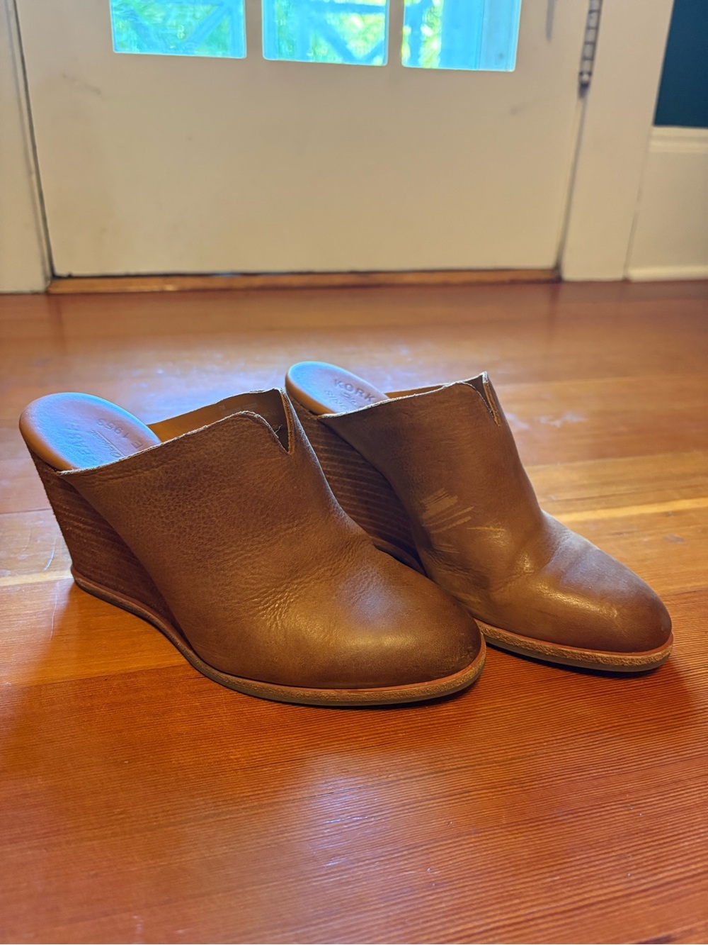 Kork-Ease Brown Leather Wedge Mules